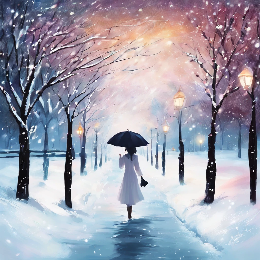 Winters,the night,nevando,Snow on the ground,pedestrian walkway,Holding an umbrella,White umbrella,Long white dress,shot from a far distance,