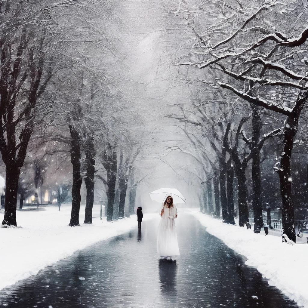 Winters,the night,nevando,Snow on the ground,pedestrian walkway,Holding an umbrella,White umbrella,Long white dress,shot from a far distance,
