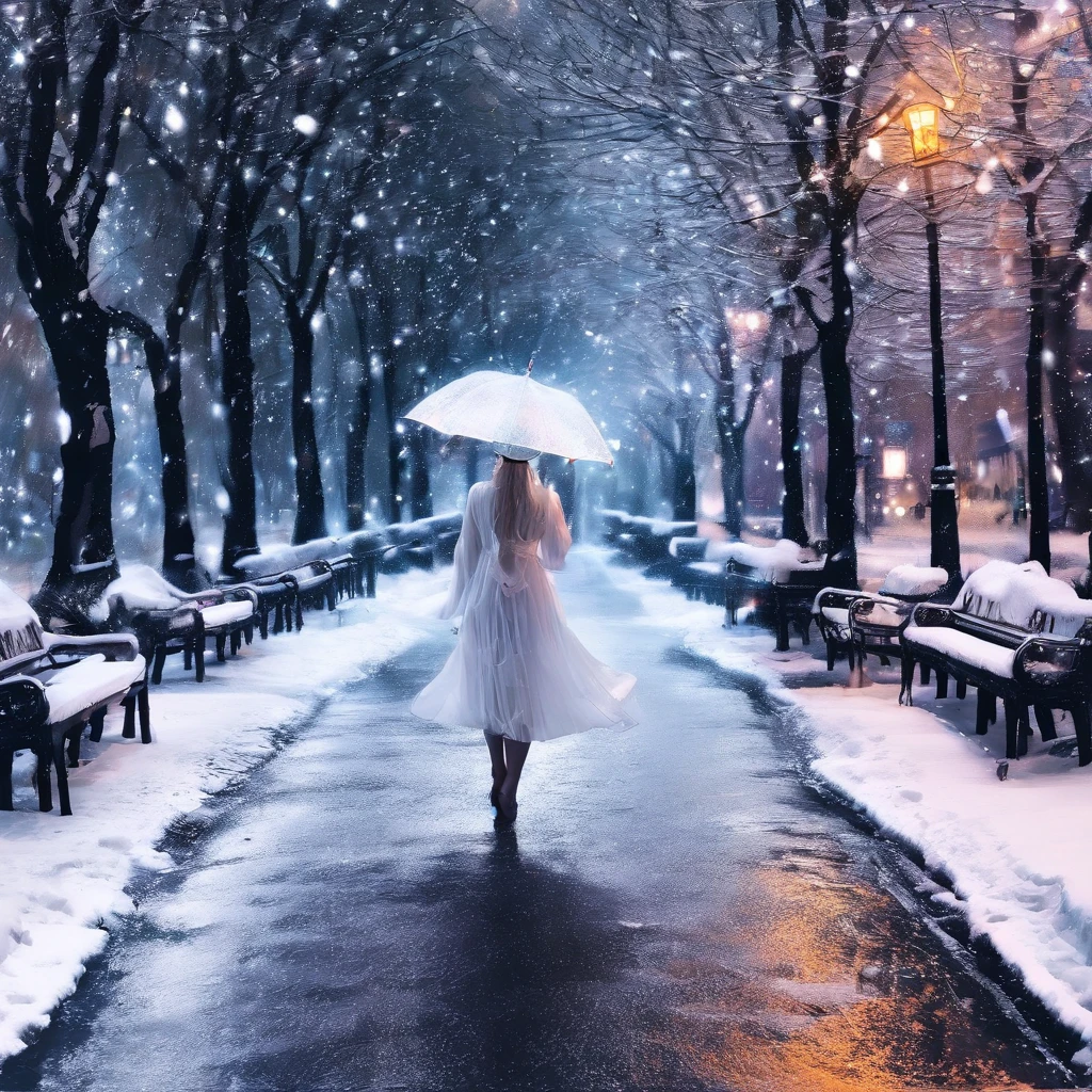 Winters,the night,nevando,Snow on the ground,pedestrian walkway,Holding an umbrella,White umbrella,Long white dress,shot from a far distance,