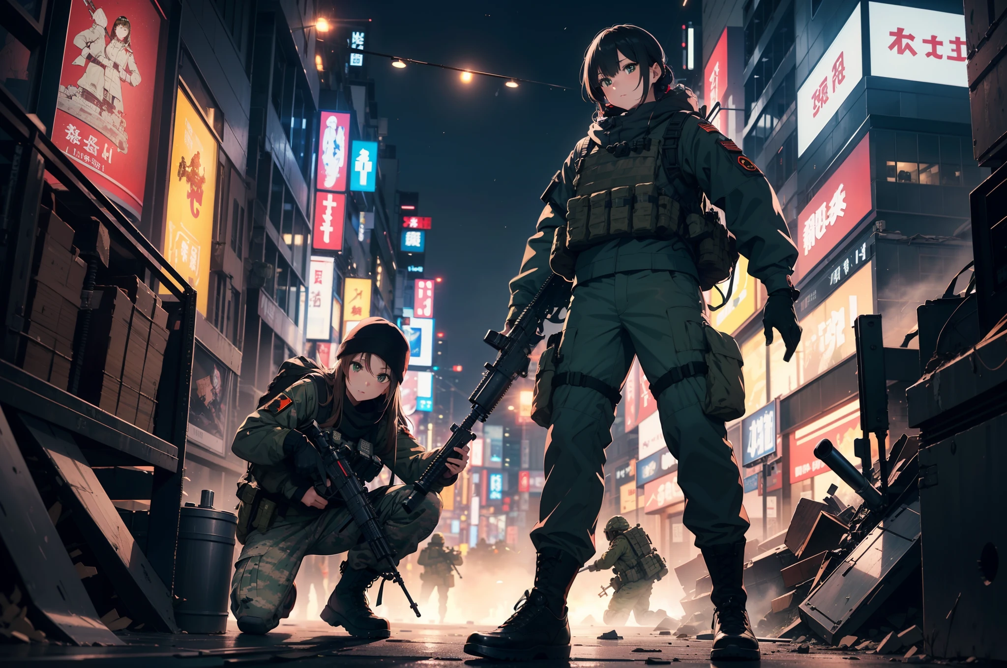 (One girl soldier sniping a giant military robot with a Lahti L-39 anti-tank gun)、Black combat uniform、Wide View、thick body、 Photorealsitic:1.4、long Brond Hair、green colored eyes、Have multiple weapons、aim、direct light、rubble、((超A high resolution))、Detail Write、masterpiece、top-quality、extremely details CG、4K picture quality、Cinematographic lighting、lensflare、Shot with 35mm depth of field、F/1.8、(Night combat)、((Shinjuku at night where five special forces fight))、(Sniping with anti-tank rifles)、Hyper-detailing、Terminator、The wreckage of a giant robot、(wide-angle lens)、What I see、Firearms with perfect detail、Barrel without distortion
