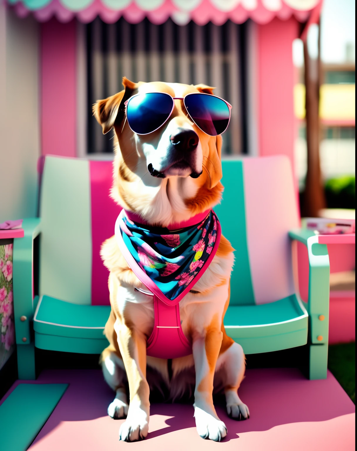 Wear sunglasses、A dog wearing a bandana、Sitting on the ground outside the building with pink chair in the background, All birds singing, retrowave, stock photograph, maximalism