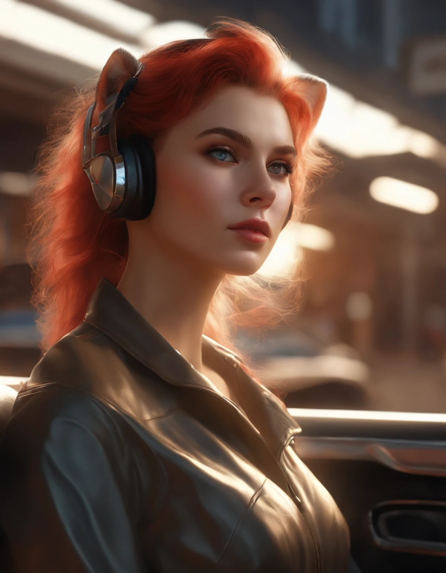 (best quality,4k,8k,highres,masterpiece:1.2),ultra-detailed,(realistic,photorealistic,photo-realistic:1.37),girl-cat,anime style,short red fur,earring in ears,russian countryside,full-length,close to a racing car,digital cyberpunk anime art,portrait,landscape,vivid colors,HDR,studio lighting,physically-based rendering,sharp focus,professional