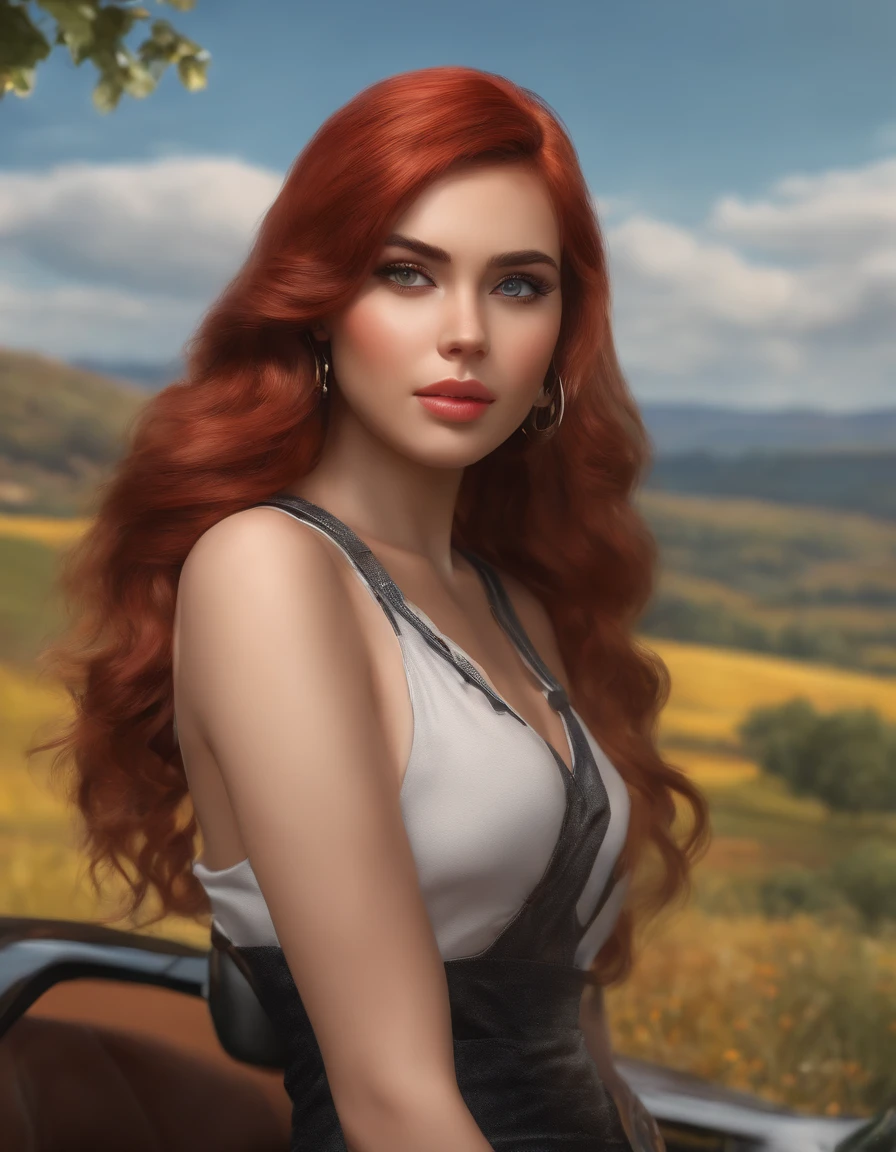 (best quality,4k,8k,highres,masterpiece:1.2),ultra-detailed,(realistic,photorealistic,photo-realistic:1.37),girl-cat,anime style,short red fur,earring in ears,russian countryside,full-length,close to a racing car,digital cyberpunk anime art,portrait,landscape,vivid colors,HDR,studio lighting,physically-based rendering,sharp focus,professional