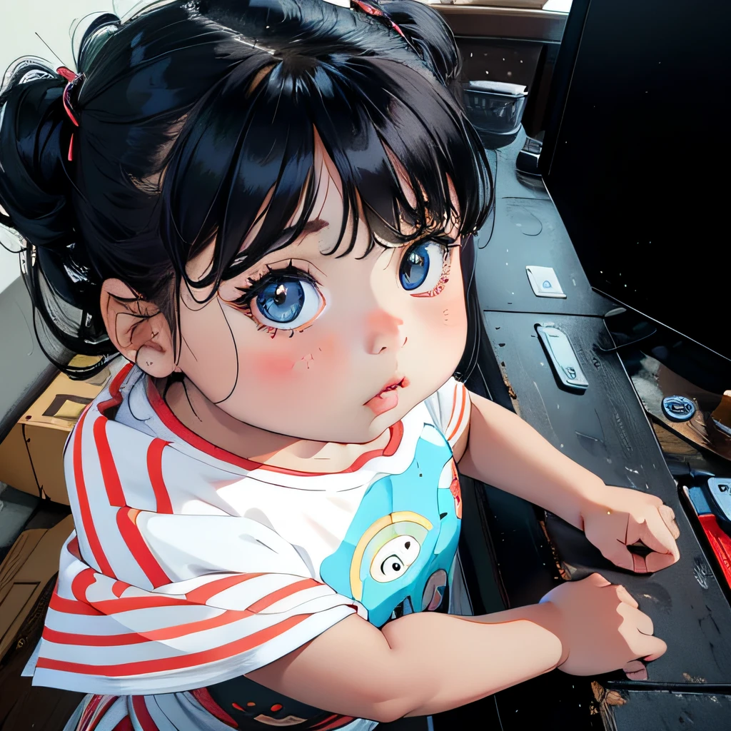 there is a that is looking at something, with cute doting eyes, close up potrait, beautiful light big eyes, perfect expression, young cute face, beautiful huge eyes, cute pout, serious expression, with big eyes, curious expression, black hair and large eyes, big cute eyes, sweet eyes, very big eyes, big round cute eyes