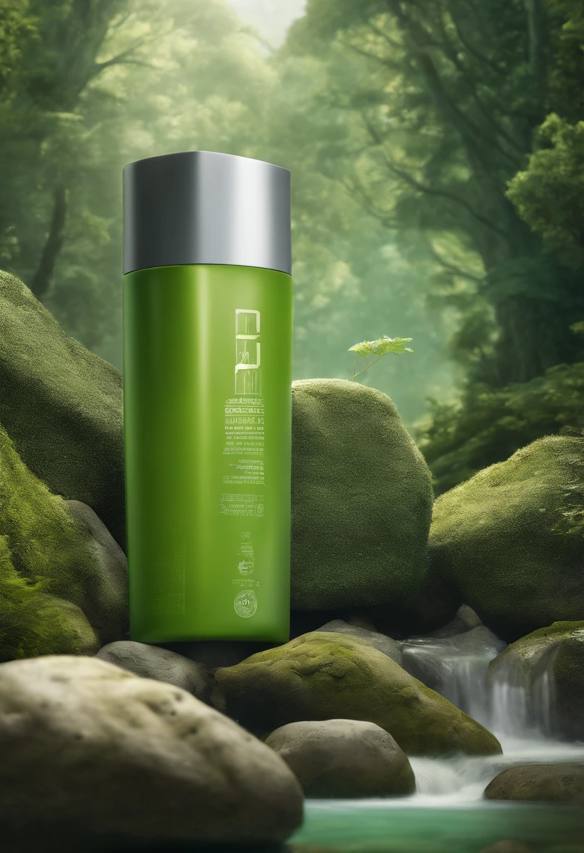 realistic photography, advertising, natural, front view, product cream green tube packaging, on top of a rock in greenish water, forest vegetation scenery, soft light, contrast, high details, focus on product, sharpness, color grading, lens 50mm, iso 100