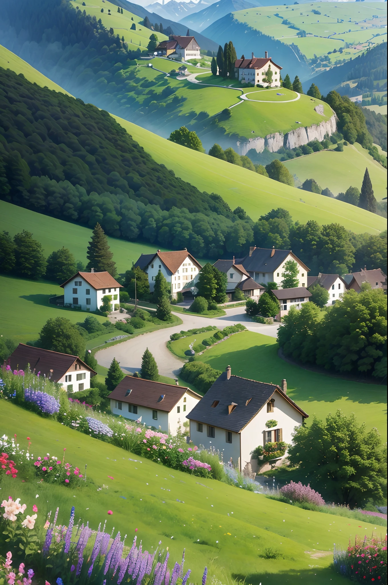 Peaceful and idyllic countryside, Rolling green hills dotted with grazing sheep, Charming villa,Set amidst vibrant flowers, Clear blue sky overhead, Evokes a sense of peace and simplicity, Valle encantador, switzerland, patches of green fields, lush countryside, Valle exuberante,An idyllic village in Milan,,verdant green fields,above a village,Rolling terraces,Colorful garden of flowers and plants,Alpine scenery in the Swiss countryside under the Alps,Carl Sessel Bern,Majestic nature, Swiss architecture, lindo cenario, rios,waterfallr
