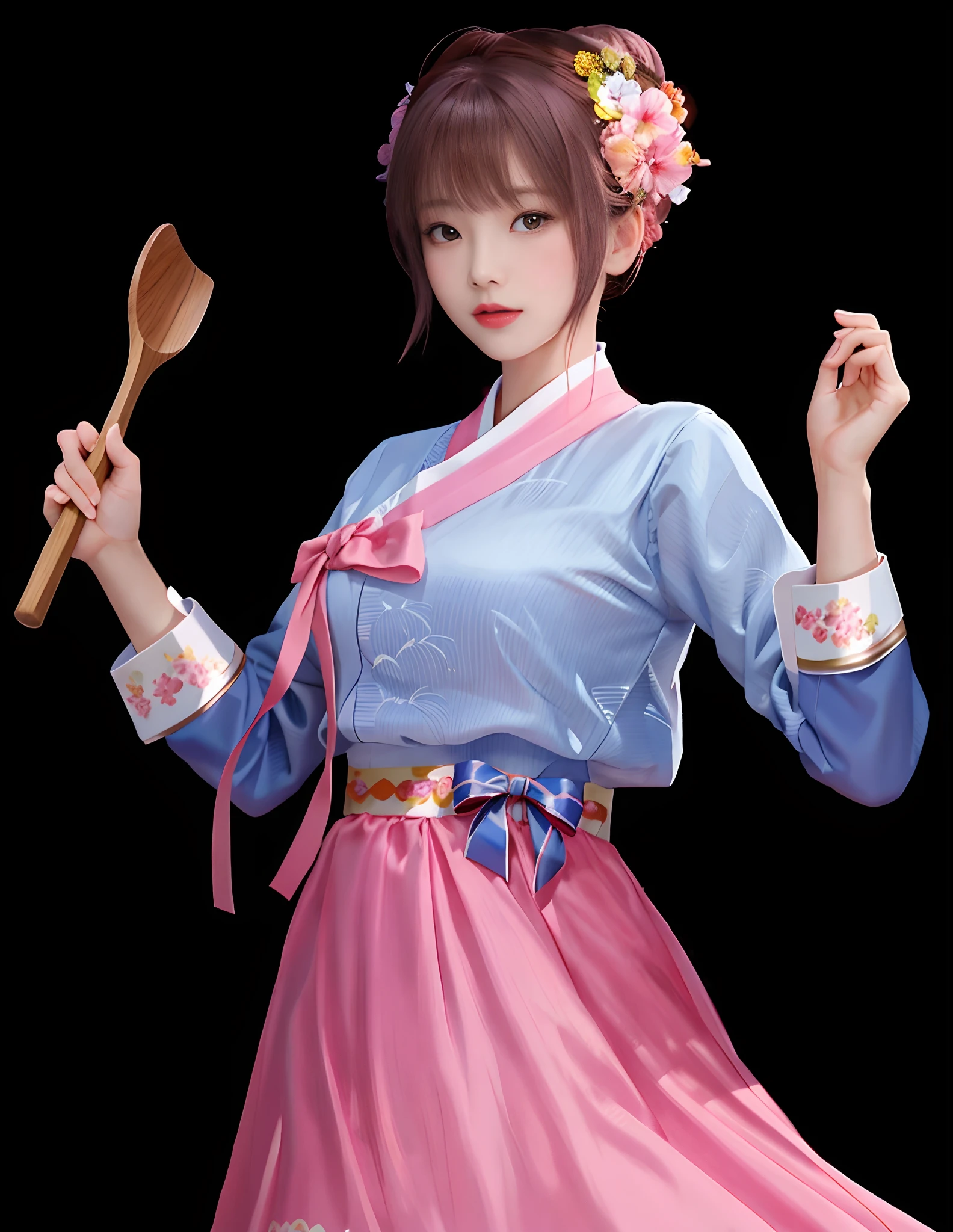 Close-up of a woman in a pink dress holding a wooden spoon, Beautiful character painting,  A girl in a hanbok,  cute women， Genki girl，