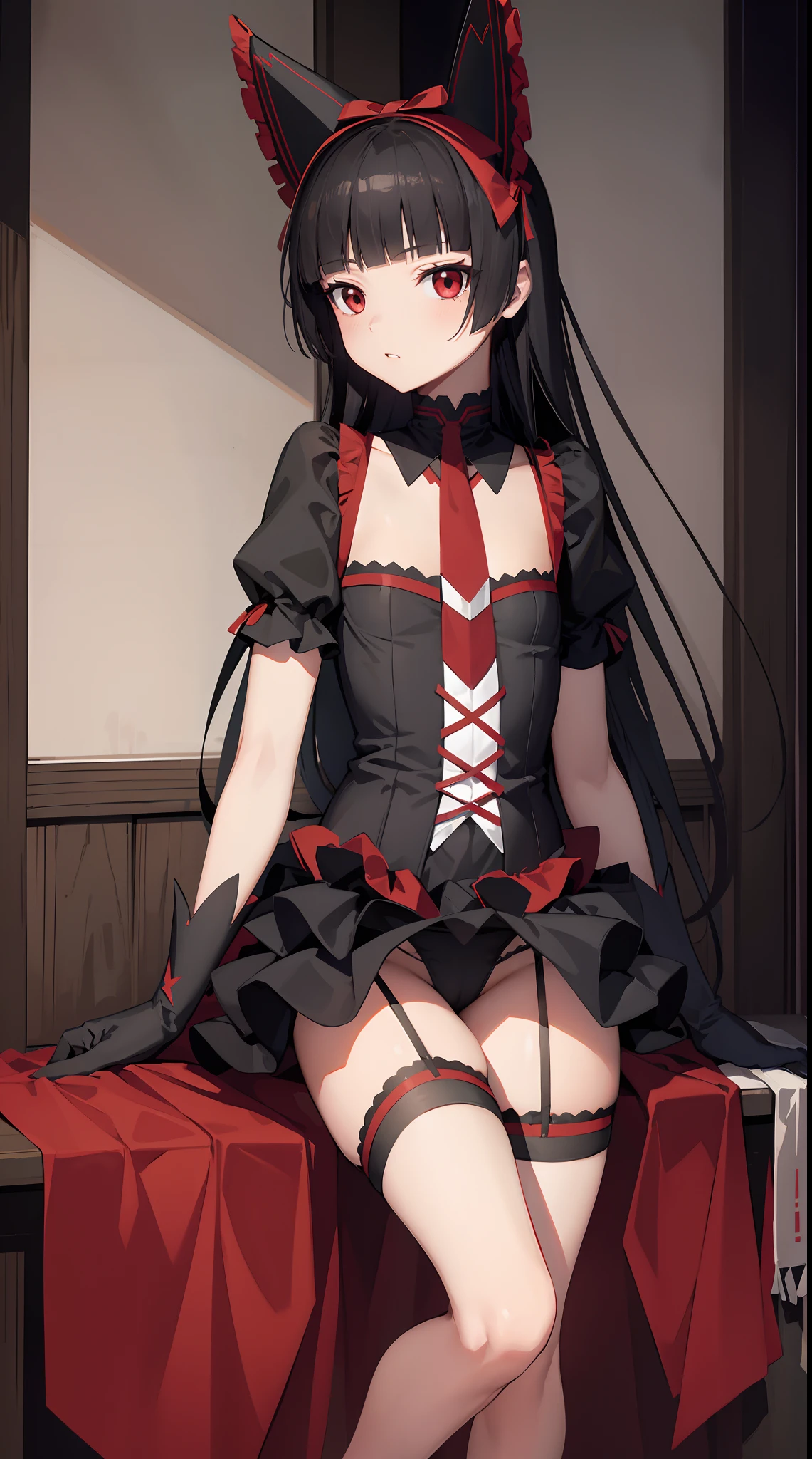 Anime girl in a black and red dress sitting on a red table - SeaArt AI