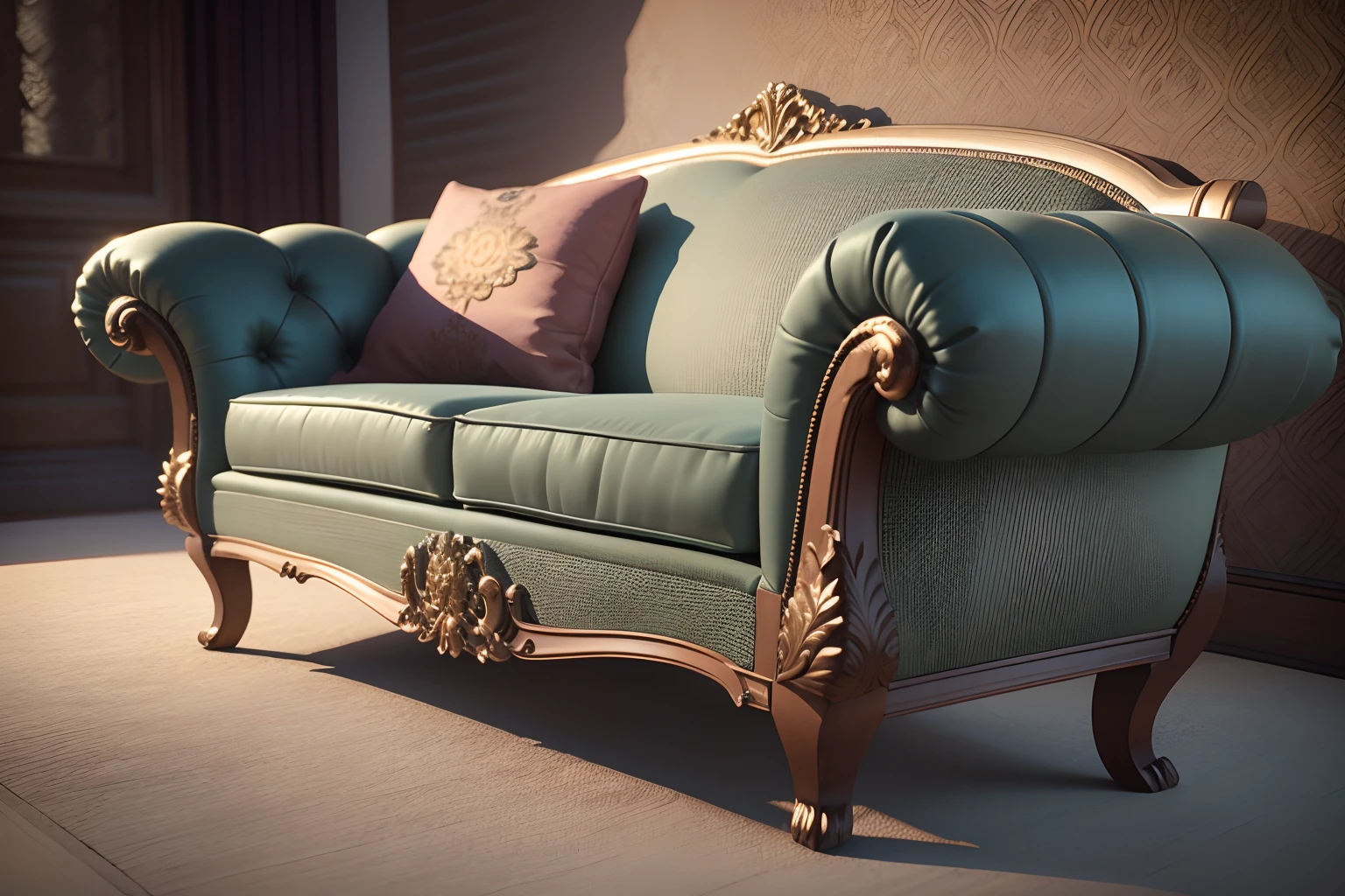 (Best quality,3D rendering of:1.2),(Realistic:1.37) Side view European sofa,Virtual Engine,Subtle shadows,textured fabrics,Rich wood details,Sophisticated design,Gorgeous classic pattern,Ornate carving, ImpeccableCraftsmanship,Highly detailed,Realistic textures,Dynamic perspective,depth and dimensionality,gentle ambient lighting,Medium exposure,neutral color palette,Warm gold,Bright fabric colors,spacious space,Expensive appearance,exquisite attention to detail