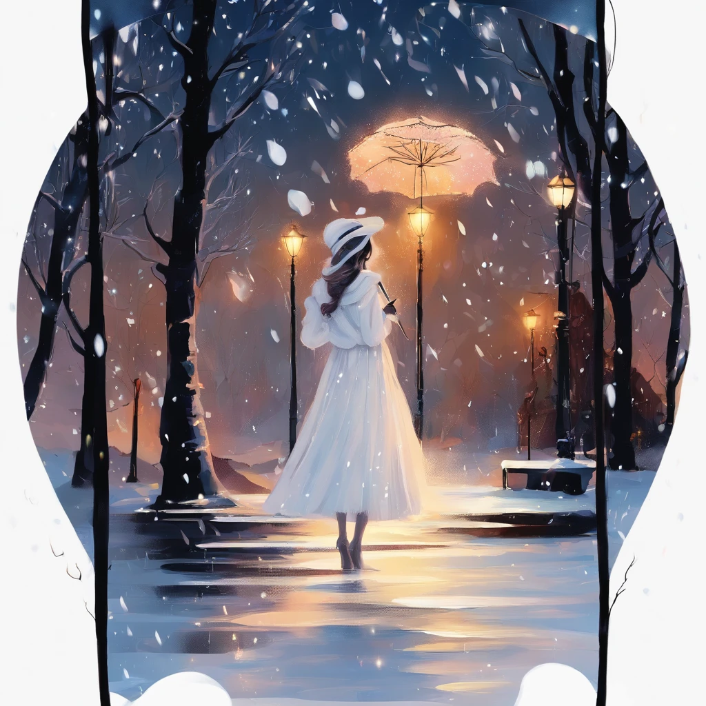 Winters,the night,nevando,Snow on the ground,pedestrian walkway,Holding an umbrella,White umbrella,Long white dress,shot from a far distance,
