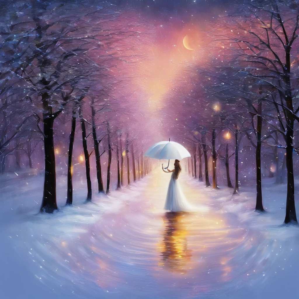 Winters,the night,nevando,Snow on the ground,pedestrian walkway,Holding an umbrella,White umbrella,Long white dress,shot from a far distance,