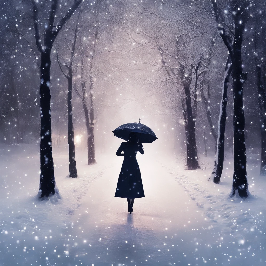 Winters,the night,nevando,Snow on the ground,pedestrian walkway,Holding an umbrella,White umbrella,Long white dress,shot from a far distance,