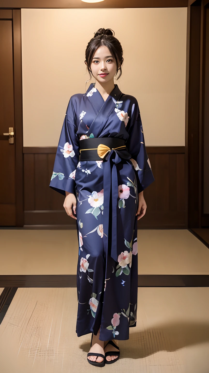 (masutepiece, Best Quality:1.4), Beautiful face, 8K, 85 mm, absurderes, Dark bedroom in the hotel、(floral pattern yukata:1.2), cowboy shot、violaceaess, gardeniass, Delicate girl, Solo, Long bob hair、Night, Looking at Viewer, Upper body, Film grain, chromatic abberation, Sharp Focus, face lights, Professional Lighting, Sophisticated, (Smile:0.4), (Simple background, Bokeh background:1.2), Detail Face、(((Full body:1.4))),