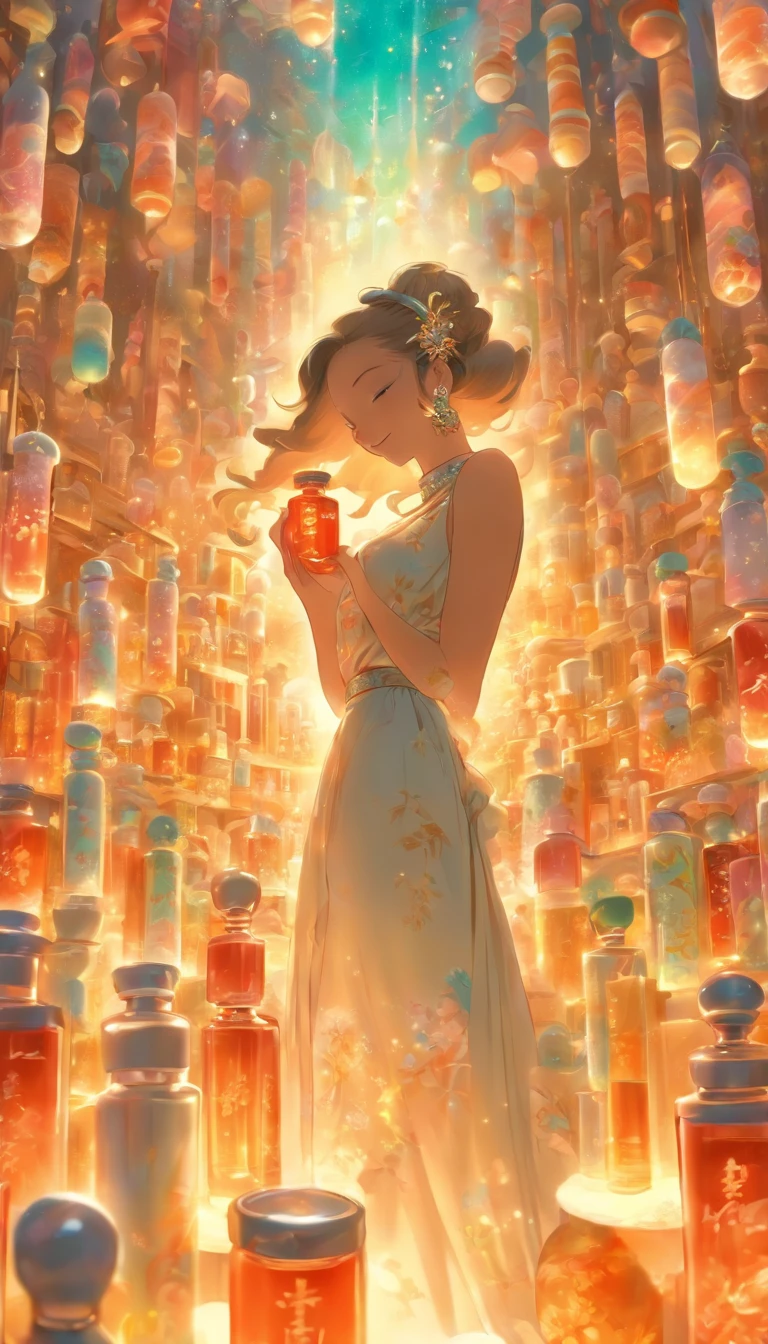 /imagine prompt: A glamorous woman holding a bottle of exquisite pills, surrounded by a group of obedient men and women, luxurious elements such as palaces and extravagant furniture in the scene, ,32k, best quality, masterpiece, super detail, high details, by Makoto Shinkai ,in the style of the stars art group xing xing, --niji 5"