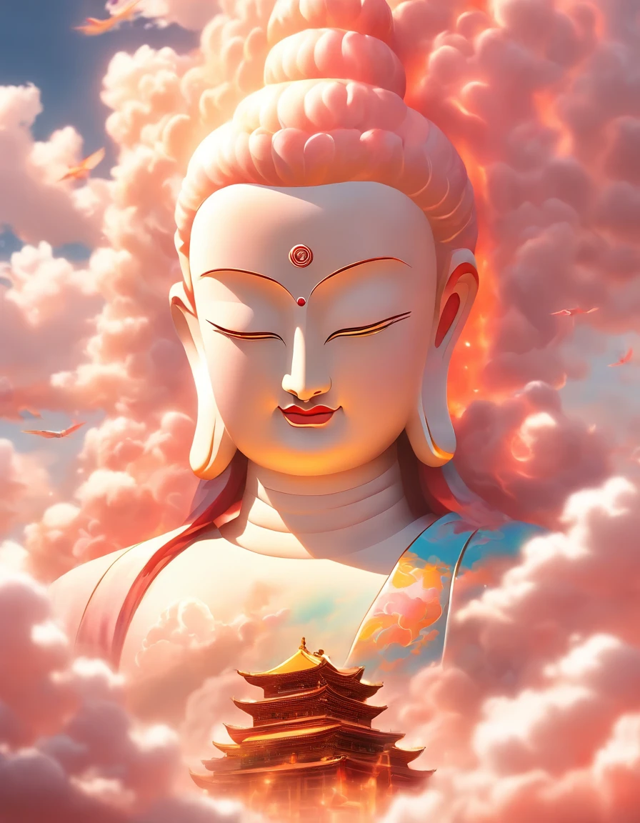 ((masutepiece))，(Best Quality))，china style，In the sky, The clouds form a huge transparent and shining white jade Maitreya Buddha image，Thick clouds，sun shining，Pilgrims on the road，Hyper-realistic，Ultra photo realsisim，Pink，8K，High Definition，high quarity，Works of masters，super-fine，（（（OC Renderer）））
