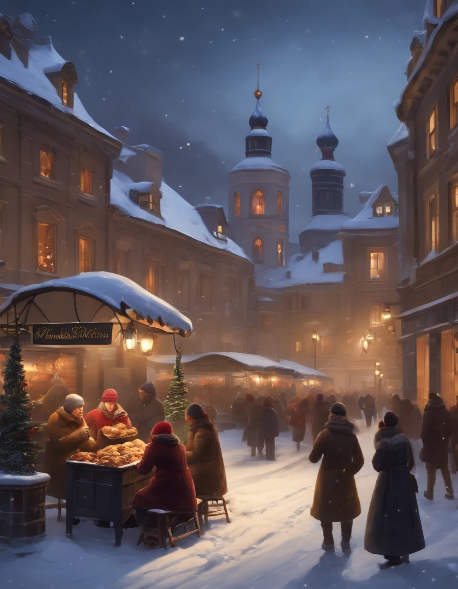 (best quality,4k,8k,highres,masterpiece:1.2),ultra-detailed,anime style,russian city,panel buildings,winter,vivid colors,natural lighting,icy streets,heartwarming atmosphere,peaceful,quiet,crisp air,endless snowflakes,detailed architecture,distinctive rooftops,glistening snow-covered roofs,lively market stalls selling hot drinks and snacks,people bundled up in warm coats and scarves,enjoying the winter scenery,playful snowball fights and building snowmen,soft glow of street lamps casting warm light on the snow,starry sky illuminating the city,steam rising from warm beverages,smell of freshly baked pastries,hearty laughter and joyful conversations,frosty breaths against the cold air,serene winter nights in the charming Russian city.