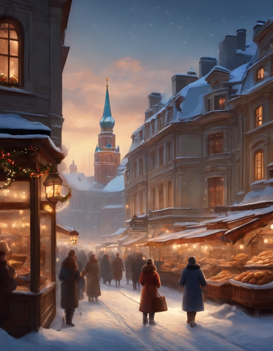 (best quality,4k,8k,highres,masterpiece:1.2),ultra-detailed,anime style,russian city,panel buildings,winter,vivid colors,natural lighting,icy streets,heartwarming atmosphere,peaceful,quiet,crisp air,endless snowflakes,detailed architecture,distinctive rooftops,glistening snow-covered roofs,lively market stalls selling hot drinks and snacks,people bundled up in warm coats and scarves,enjoying the winter scenery,playful snowball fights and building snowmen,soft glow of street lamps casting warm light on the snow,starry sky illuminating the city,steam rising from warm beverages,smell of freshly baked pastries,hearty laughter and joyful conversations,frosty breaths against the cold air,serene winter nights in the charming Russian city.