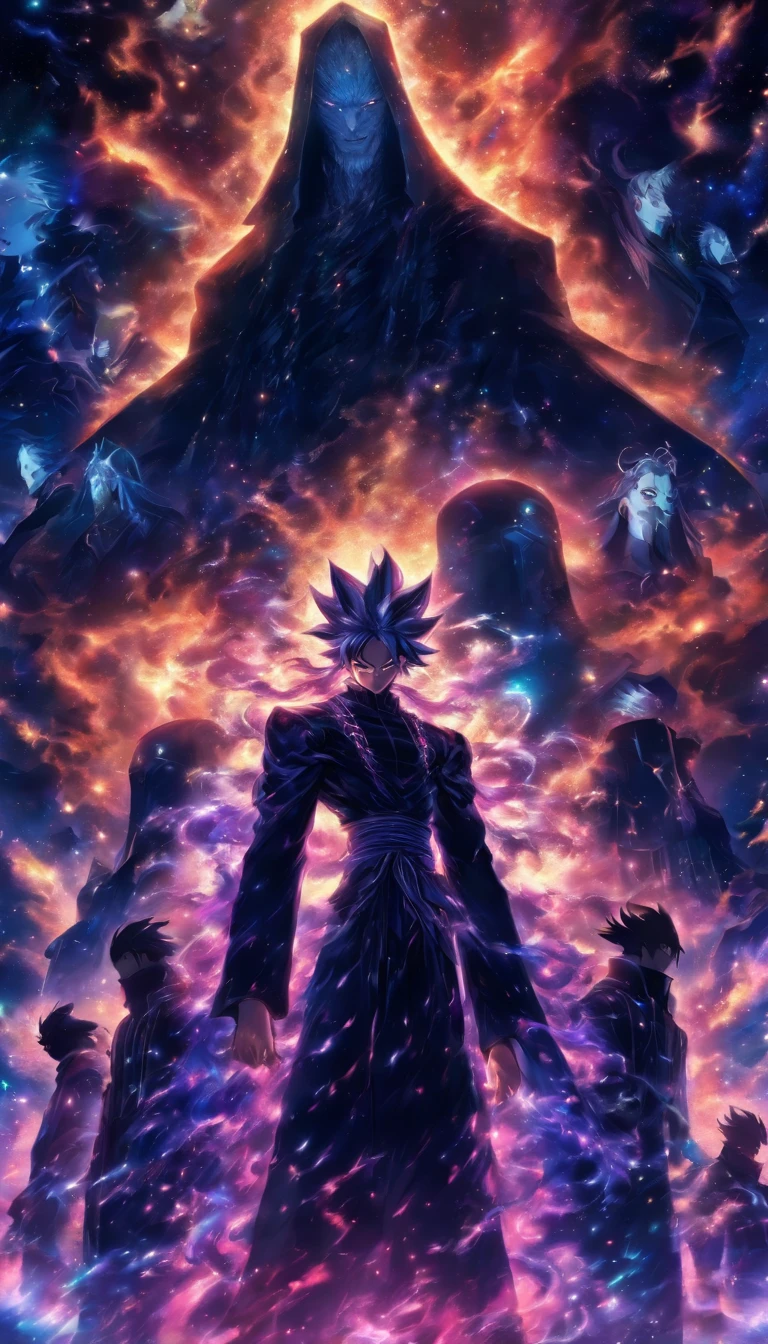 /imagine prompt: Elder He, with a sinister expression on his face, standing in front of a huge dark energy matrix, a helpless young saint bound in the center of the matrix, and two talented demon cultivators being chased by Elder He's subordinates, ,32k, best quality, masterpiece, super detail, high details, by Makoto Shinkai ,in the style of the stars art group xing xing, --niji 5"