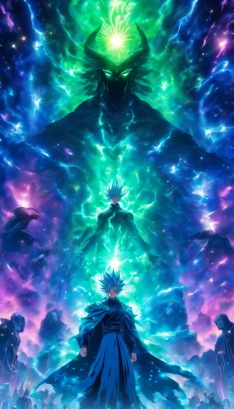 /imagine prompt: Elder He, with a sinister expression on his face, standing in front of a huge dark energy matrix, a helpless young saint bound in the center of the matrix, and two talented demon cultivators being chased by Elder He's subordinates, ,32k, best quality, masterpiece, super detail, high details, by Makoto Shinkai ,in the style of the stars art group xing xing, --niji 5"