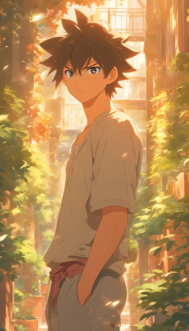 /imagine prompt: A young man standing aside, looking dumbfounded at what is happening, surrounded by a beautiful courtyard with sunlight filtering through the leaves, ,32k, best quality, masterpiece, super detail, high details, by Makoto Shinkai ,in the style of the stars art group xing xing, --niji 5"