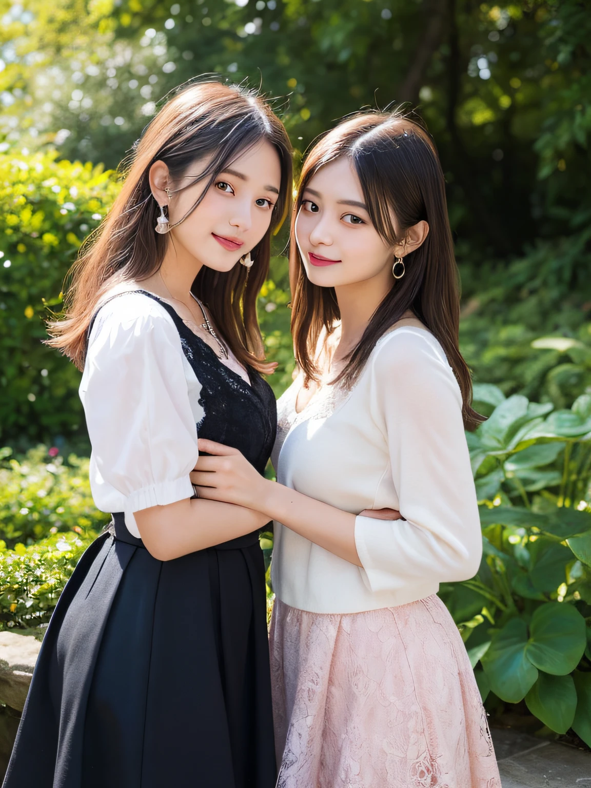 、finely detail, hight resolution, hightquality、Perfect dynamic composition, Beautiful detailed eyes, twin-tail hair, Beautiful breasts 、Natural Color Lip, up of face,Kamimei、2 girls in、Transparent skin、Glowing hair、Pink luxury clothes、Fluffy skirt、intricate lace、complex dress、intricate hair ornament、Complex earrings、Complex necklaces、A smile、Botanical Garden、two people facing each other、