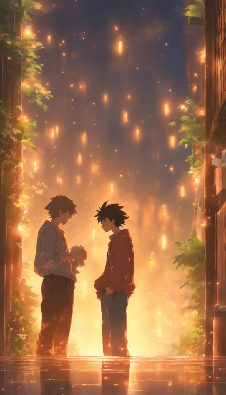 /imagine prompt: A young man reluctantly wipes the corner of his mouth, looking at the enthusiastic elder, and agrees to the elder's request. They enter a room together. ,32k, best quality, masterpiece, super detail, high details, by Makoto Shinkai ,in the style of the stars art group xing xing, --niji 5"
