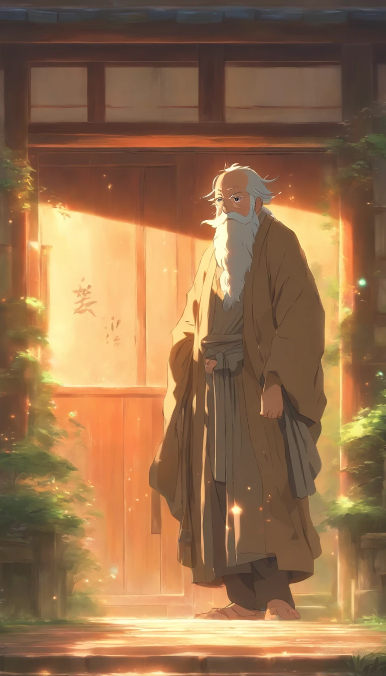 /imagine prompt: An old man with a flattering expression standing in front of the door, inviting respectfully. I hesitated for a moment and then walked into the room. The room is simple, with an ancient painting hanging on the wall and faint sunlight coming in through the window. ,32k, best quality, masterpiece, super detail, high details, by Makoto Shinkai ,in the style of the stars art group xing xing, --niji 5"