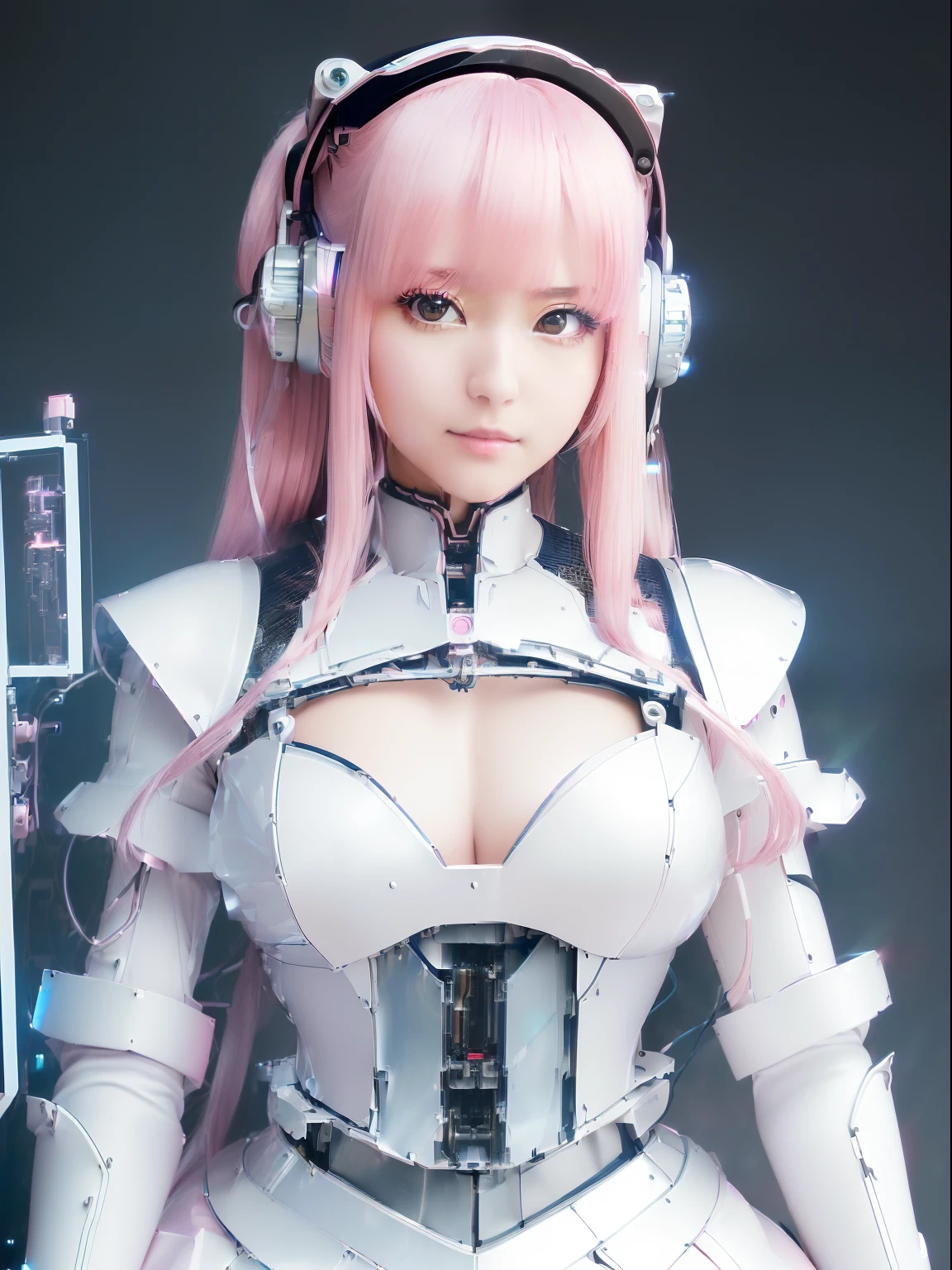 ((masutepiece)), ((top-quality), high quarity、ultra-definition, Realistic, fulcolor 、One beautiful maid robot woman、Joints of machines、Frame of the machine、Thick wire joints、White maid uniform armor、(Curvaceous face)、deadpan、pink straight hair、Wide Shot、((Electronic substrate))