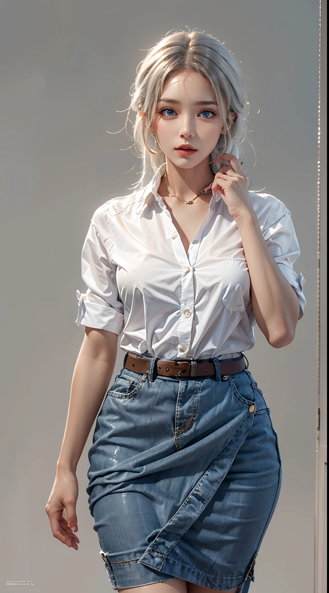 photorealistic, masterpiece, photorealistic, high resolution, soft light, mature female, hips up, blue eyes, shirt, skirt