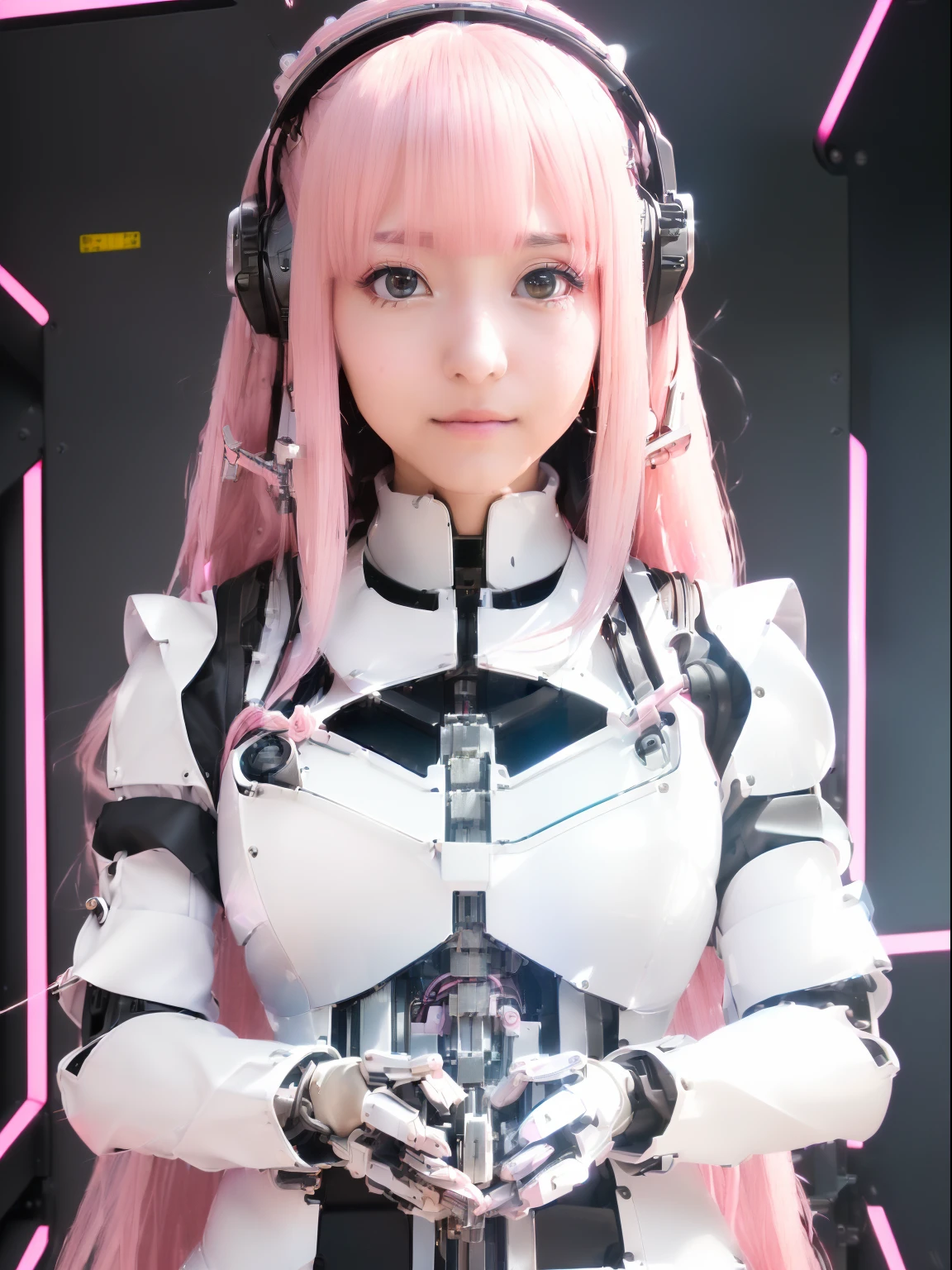 ((masutepiece)), ((top-quality), high quarity、ultra-definition, Realistic,  fulcolor 、One beautiful maid robot woman、Joints of machines、Frame of the machine、Thick wire joints、White maid dress machine armor、(Curvaceous face)、deadpan、pink straight hair、Wide Shot、((Electronic substrate))