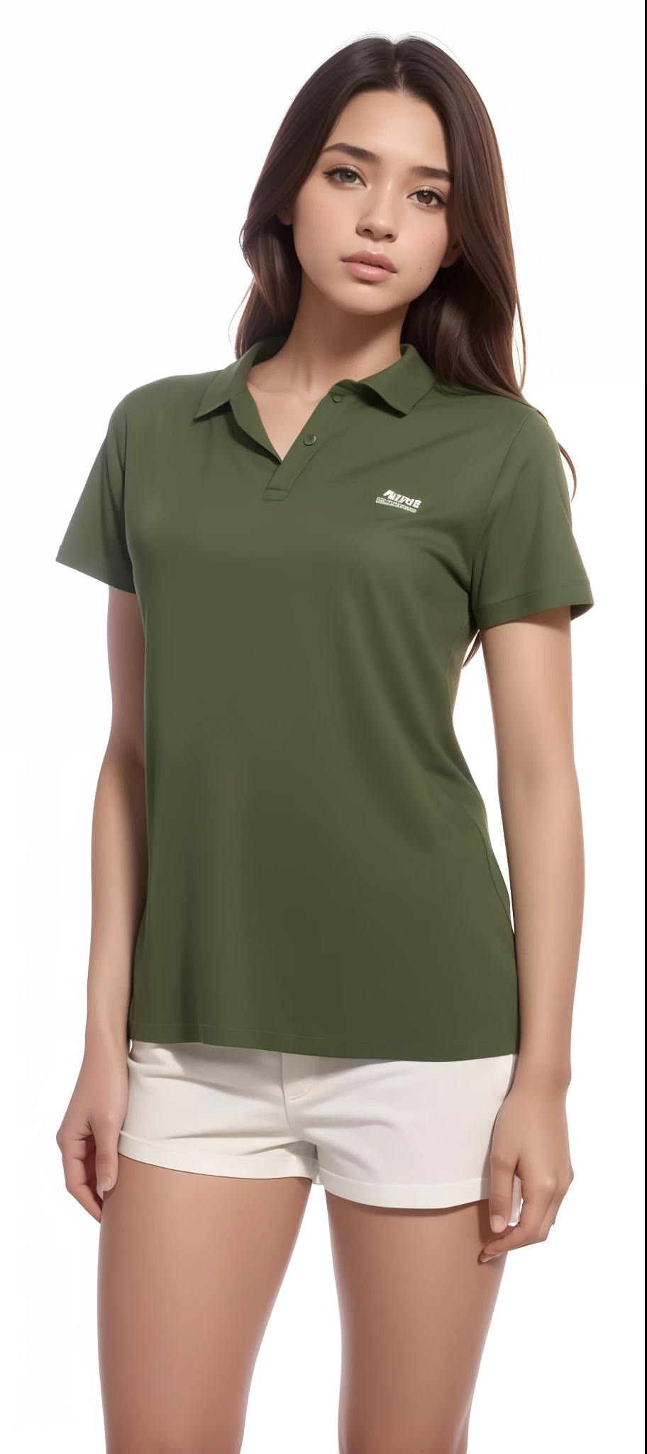 uma mulher de camisa verde e bermuda branca posando para uma foto, verde oliva, camisa verde, roupas verdes, roupas verdes casuais, azeitona, "organic, sage green, em uma camisa polo verde escuro, mangas curtas, cor da pele da azeitona, vestindo uma camiseta, vestindo camiseta e combates, verde escuro, verde, #verde, Ballard, fotografia realista, fotografia, obra-prima, realista, Realismo, renderizado, Alto contraste, Arte Digital, fotográficorealista, trend in Artstation 8k HD, high definiton, circunstanciado, Realistic, detalhada, textura da pele, hiperdetalhada, Textura realista da pele, melhor qualidade, ultra high-resolution, (fotografia realista: 1.4), alta resolução, detalhada, fotografia crua, sharp resolution, Nikon D850 filmes, fotografia de stock 4, Kodak Portra 400 Camera F1 Lens.6, textura hiper realista, lighting dramatic, Unrealistic trend in Artstation Cinestill 800, RAW.