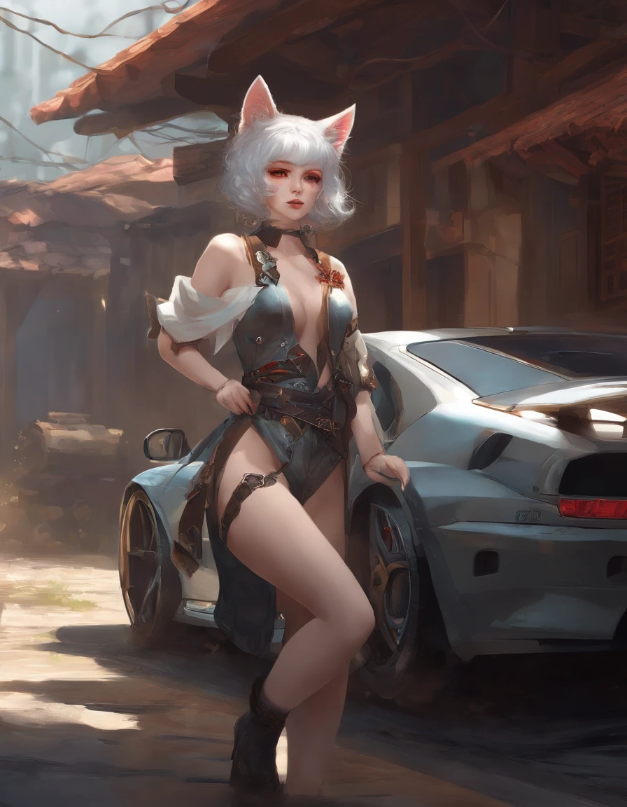 Anime-style catgirl with short red hair and earring in her ears, In the Russian Village, Full-length next to a race car, digital cyberpunk anime art, digital cyberpunk - anime art, rococo cyberpunk, detailed digital anime art, beautiful digital artwork, anime fantasy illustration, digital anime art, white haired deity, digital art on pixiv, digital anime illustration, Advanced Digital Anime Art, anime styled digital art