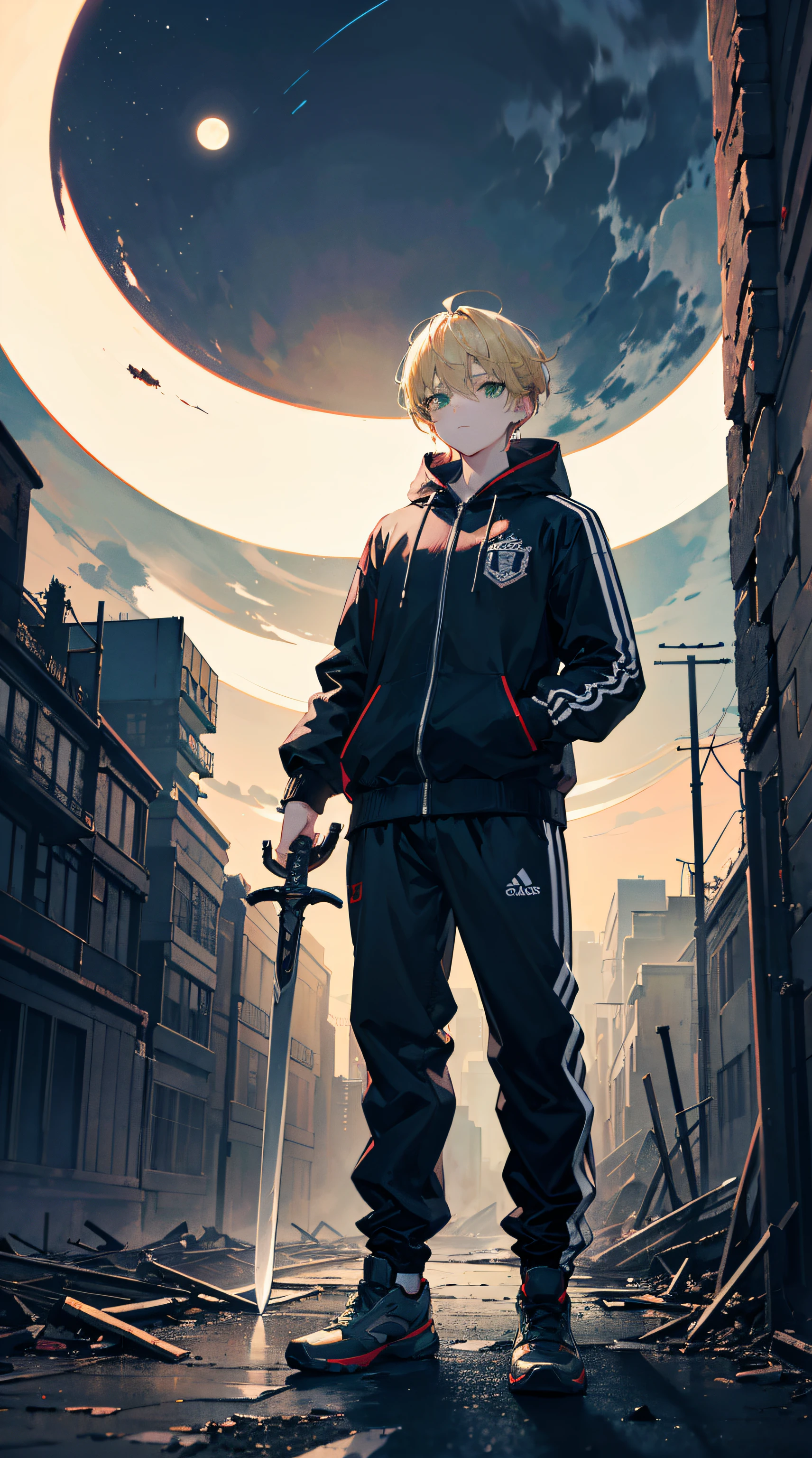 "The guy with the blonde hair, Green eyes, in a tracksuit, Holding a Sword, in night, With the Moon, In a ruined city. (Best Quality, 4k, hight resolution:1.2), Ultra-detailed, Destroyed buildings, Dark atmosphere, moon light, Vivid colors."