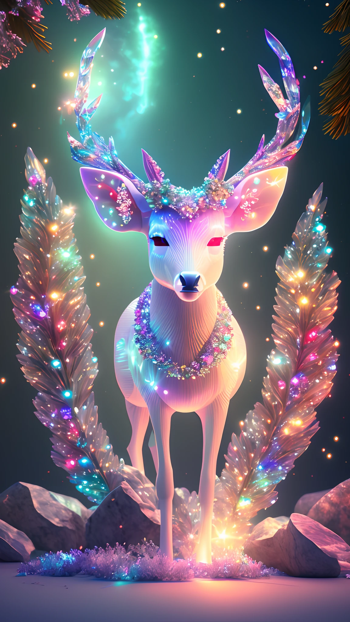 holy light, crystal deer, extremely detailed 3d animation, symmetrical rical center, forest background, flashing, bri ght, super clear, transparent, focused light, optics, sur realism, magic, fantasy, composition, rainbow color and starry sky s ky, popular in art station, pearls, 8k, hd