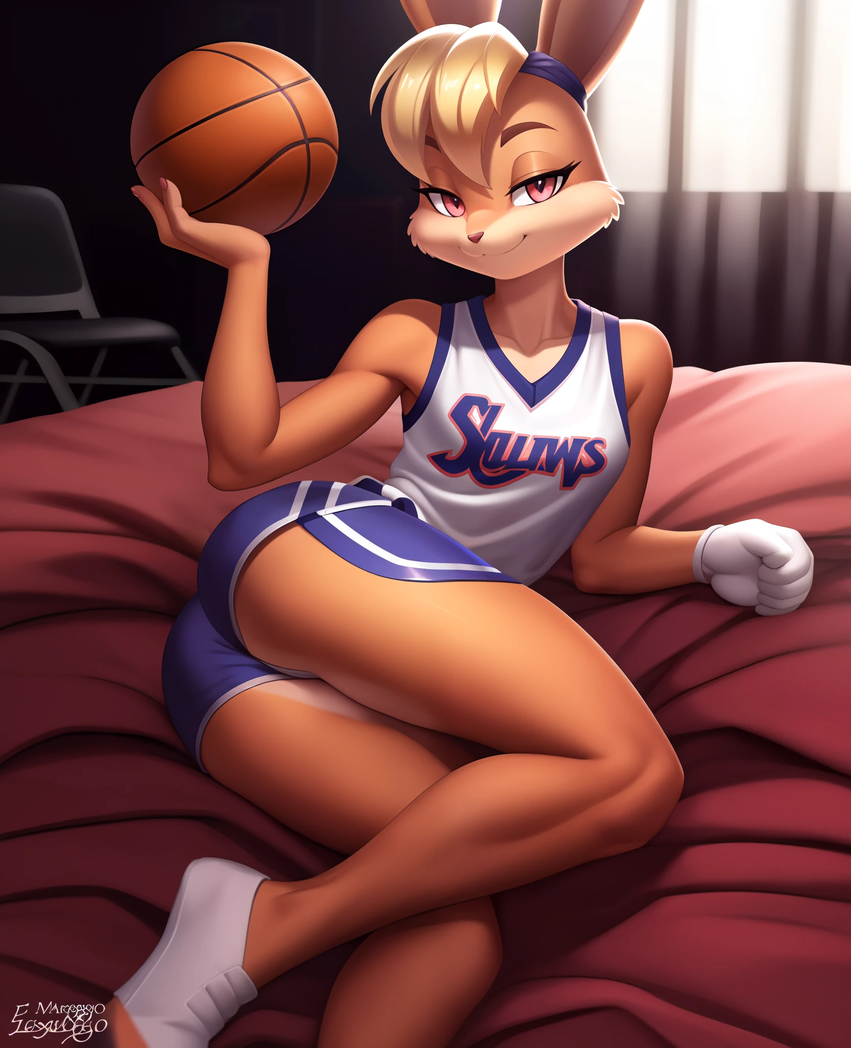 anime character laying on a bed with a pink blanket, pov furry art, sfw, (toned body), ((esbelto. esguio. magro)), commission for high res, lola bunny fanart, fullbody commission for, holding a pudica pose, !!highly detailed!!, relaxed pose,, basketball player outfit, clothing