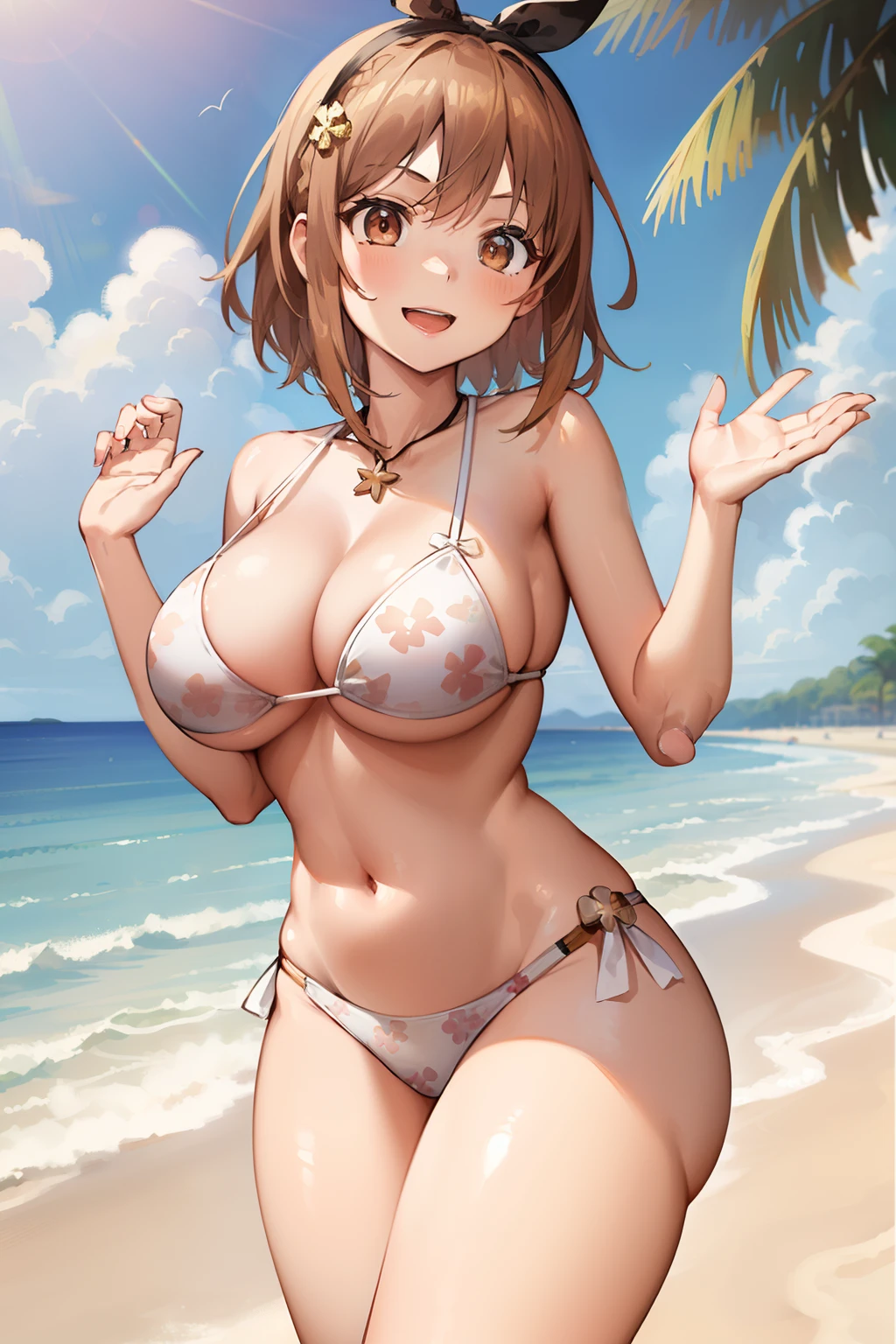 ​masterpiece、top-quality、hight resolution、1girl in, Naughty big、Big breasts emphasis, 独奏,(Bikini with white floral pattern),(the beach),A smile、Raise both hands