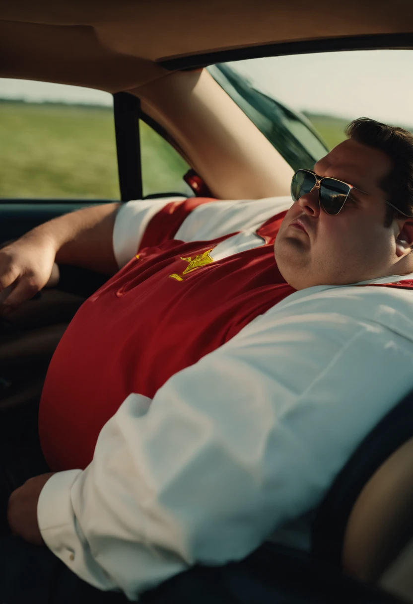 a morbidly obese man. driving a ferrari. looking directly at camera. next image. wearing work clothes. realist. complete in high definition. 8k