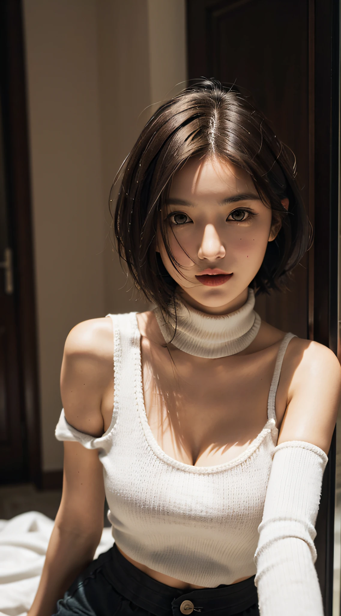 ((Realistic lighting, Best quality, 8K, Masterpiece: 1.3)), ((Clear focus:1.8)), 1 Pretty girl, (Smile:0.7) BREAK (Perfect beauty, Super fine Beautiful face, Fine beautiful eyes Detail, Big drooping long-slitted eyes, Hyper detail eyes:1.4) BREAK ((7 head-toll, Sloped shoulder, Narrow shoulders, Thin upper chest, Thin under the chest, Thin waist:1.5), (Taut Very huge breasts, Soft and well-shaped breasts:1.4)) BREAK (Dark brown very short hair:1.5), (exquisite Beautiful facial features) BREAK (White, Sleeveless Turtleneck Tight Knit:1.5, Knit tight skirts in long slit:1.2) BREAK (indoor, Night, Random Posing, Random angle:1.3), in front of the entrance of a five-star hotel, Double eyelids,