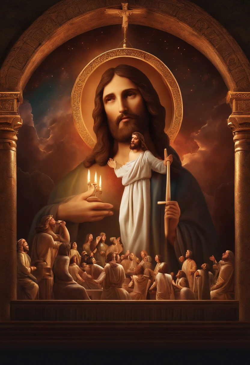 Observo bonito 3D desenhos animados jesus cristo, feliz, rindo, segurando um cartaz