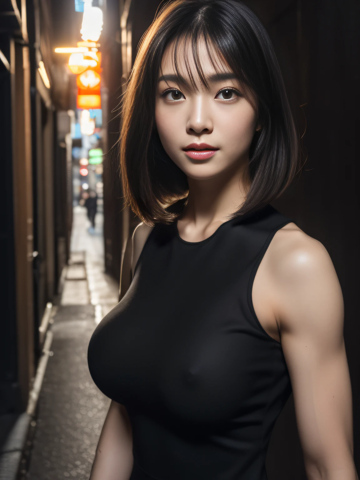 (Raw photo:1.2), (Photorealsitic:1.4), huge filesize, hight resolution, ighly detailed, top-quality, (masterpiece:1.6),(Hyper-realistic: 1.4), ighly detailed, nffsw, finely detail, top-quality, 8k wallpaper,People with Japan,((Girl with clear white skin)),17 age、cowboy shot、((Muscular woman like a bodybuilder:1.2)) ,(Hourglass-shaped body)、((Huge ass)),((thick and strong legs、Sculpted muscular legs:1.2))、((Thick arms with sculpted muscles:1.3))、wide breasts, ((Disproportionately huge breasts:1.4))、((Lori face:1.2))、Narrow eyes, cute face, Narrow eyes,((A smile))、((Straight hair、One-length))、((((Sleeveless Black Body Con Dress:1.3))))、((Stand at the end of a narrow alley in the middle of the night、A big city lined with neon-lit Western-style izakayas))、 (Realistic: 1.3), (Smooth lighting: 1.05), (Improved cinematic lighting: 0.9), Realistic lighting, Backlight, Face Light, raytrace, (Whitening light: 1.2), (Image enhancement: 1.4), ( Top quality real skins: 1.4), (Body Line Mood Increase:1.1), (Skin Texture Enhancement Beauty:1.1),