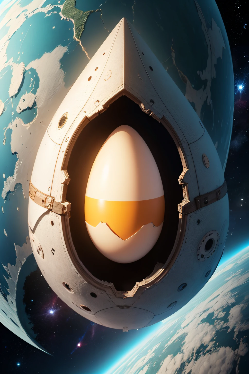 an egg-shaped spaceship with a cracked shell, it is in space