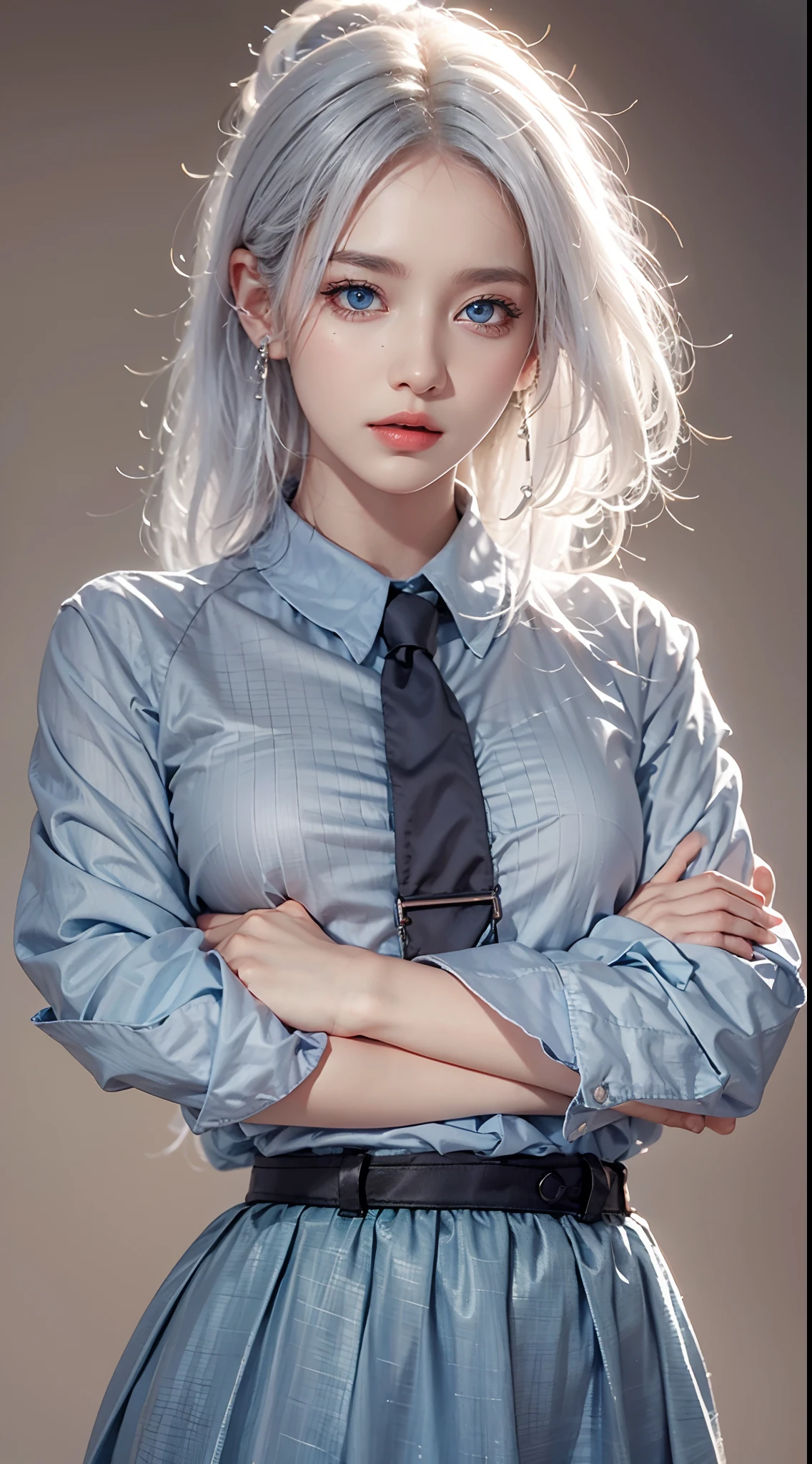 photorealistic, masterpiece, photorealistic, high resolution, soft light, mature female, silver hair, hips up, blue eyes, shirt, skirt