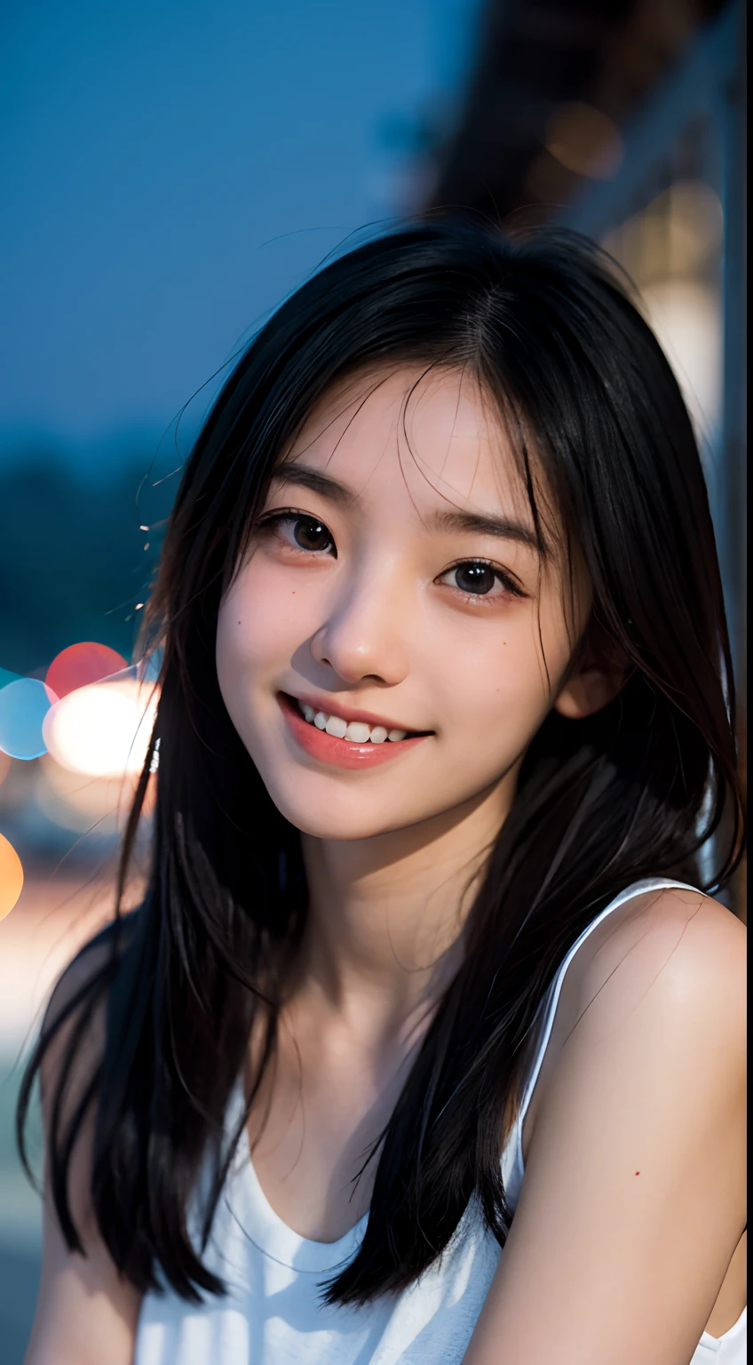 masutepiece, Best Quality, 8K, 15yo student, Teen, Raw photo, absurderes, award winning portrait, Smile, Smile, Solo, Night, neons, Idol face, violaceaess, gardeniass, Delicate girl, Upper body, Digital SLR, Looking at Viewer, Candid, Sophisticated, zora々Right, Thin arms, Professional Lighting, Film grain, chromatic abberation, (Eyes and faces with detailed:1.0), (Bokeh:1.1)