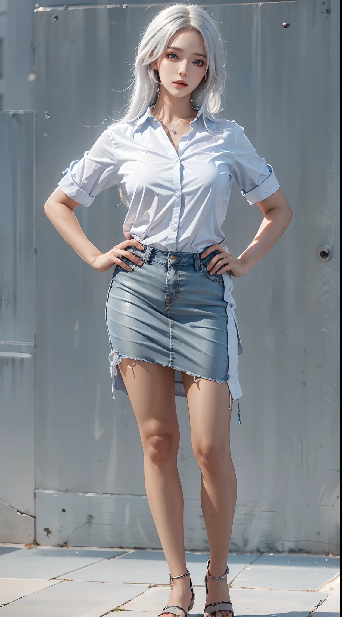 photorealistic, masterpiece, photorealistic, high resolution, soft light, mature female, silver hair, hips up, blue eyes, shirt, skirt