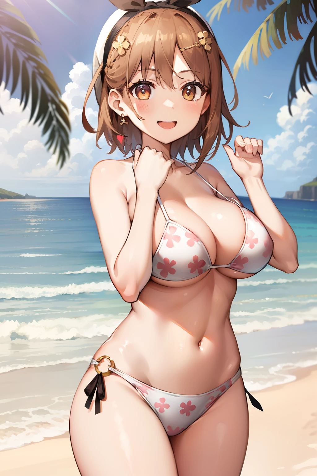 ​masterpiece、top-quality、hight resolution、1girl in, Naughty big、Big breasts emphasis, 独奏,(Bikini with white floral pattern),(the beach),A smile、Raise both hands