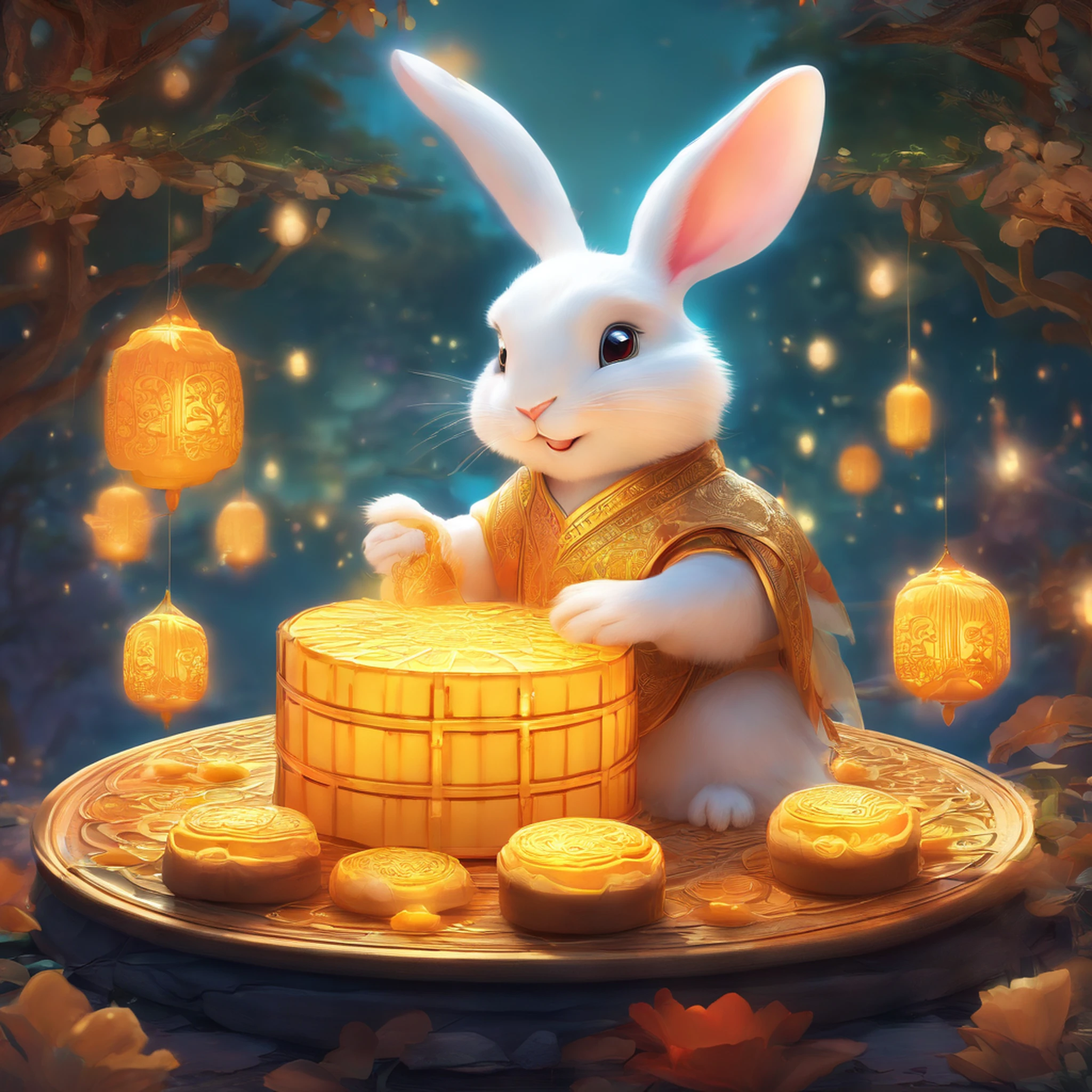 Mid-Autumn Festival theme(extremely detailed CG unity 16k wallpaper:1.1), (Denoising strength: 1.45), (tmasterpiece:1.37), An anthropomorphic white rabbit making mooncakes, god rays, ray tracing, UHD, award winning