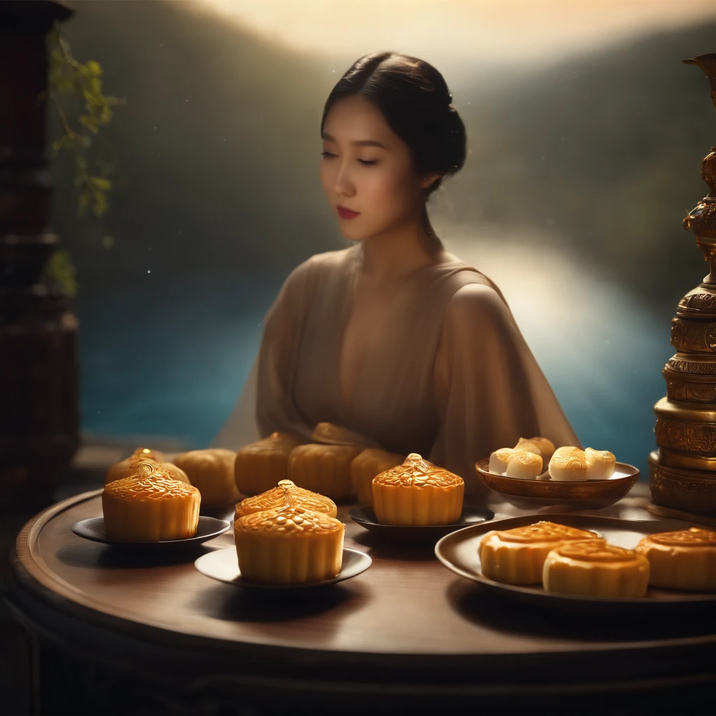 themoon, Moon cake, Mid-Autumn Festival, partially underwater shot, polar opposites, high detail, Romanticism, god rays, ray tracing, UHD, retina, masterpiece, ccurate, anatomically correct, super detail, high details, high quality, award winning, best quality, highres, 16k, textured skin