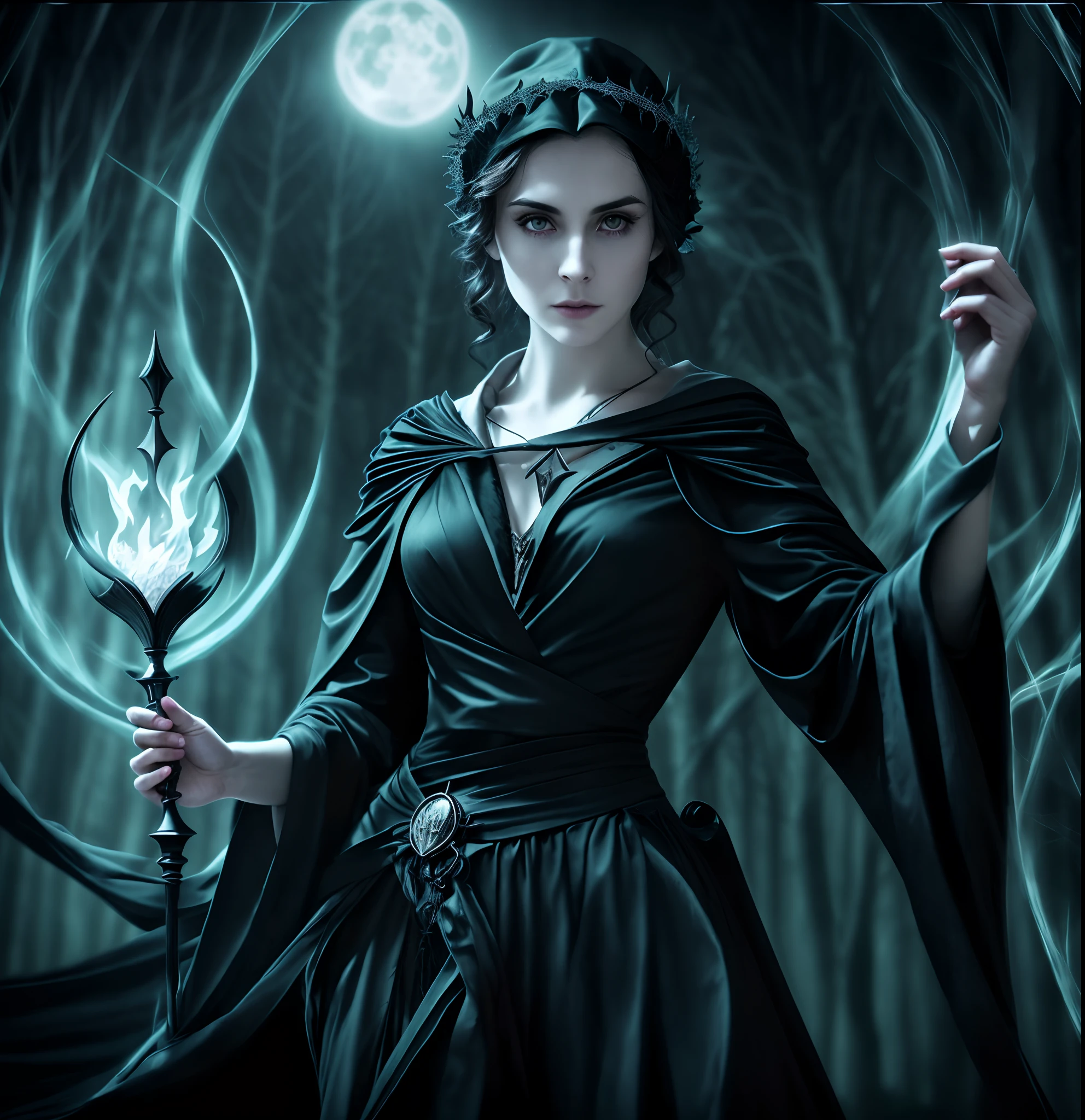 (main subject),witch,hiding in the dark,spooky environment,mysterious,evil-looking,#horror,#dark,#gothic,#magic,enchanted forest,dense fog,glowing eyes,witch hat,#spellbook,cauldron,mystical symbols,#moonlight,dark silhouette,casting a spell,creepy atmosphere,witch's curse,#spirits,nighttime,powerful sorceress,haunted house,ominous presence,witch's broomstick,flying in the night sky,crackling lightning,dark magic,#haunting,#supernatural,pale complexion,long wavy hair,crooked nose,sharp pointed chin,witch's staff,hooded cloak,bewitching beauty,spider webs,#blackcat,hooting owls,echoing laughter,shadows dancing,withered trees,Hauntingly beautiful, captivating,nightmare fuel. (best quality,4k,8k,highres,masterpiece:1.2),ultra-detailed,(realistic,photorealistic,photo-realistic:1.37),HDR,UHD,studio lighting,ultra-fine painting,sharp focus,physically-based rendering,professional,vivid colors,bokeh.