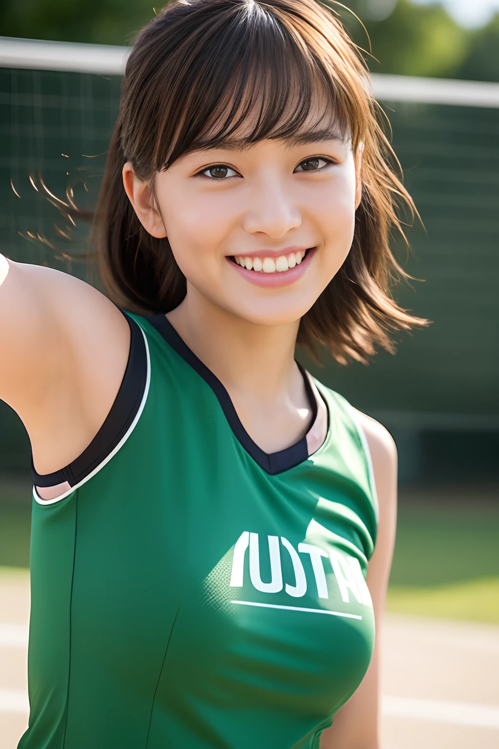 one girl, (a beauty girl, delicate girl:1.3), (16 years old, gal:1.3), (green sports wear:1.2), very fine eye definition, (symmetrical black eyes:1.3), stare at the camera, A big smile, show teeth, (trackfield view:1.2), small breasts, brown short hair, girl, (eyes and faces with detailed:1.5), (masterpiece, best quality, ultra detailed, detailed face, 8k), Swayback stance