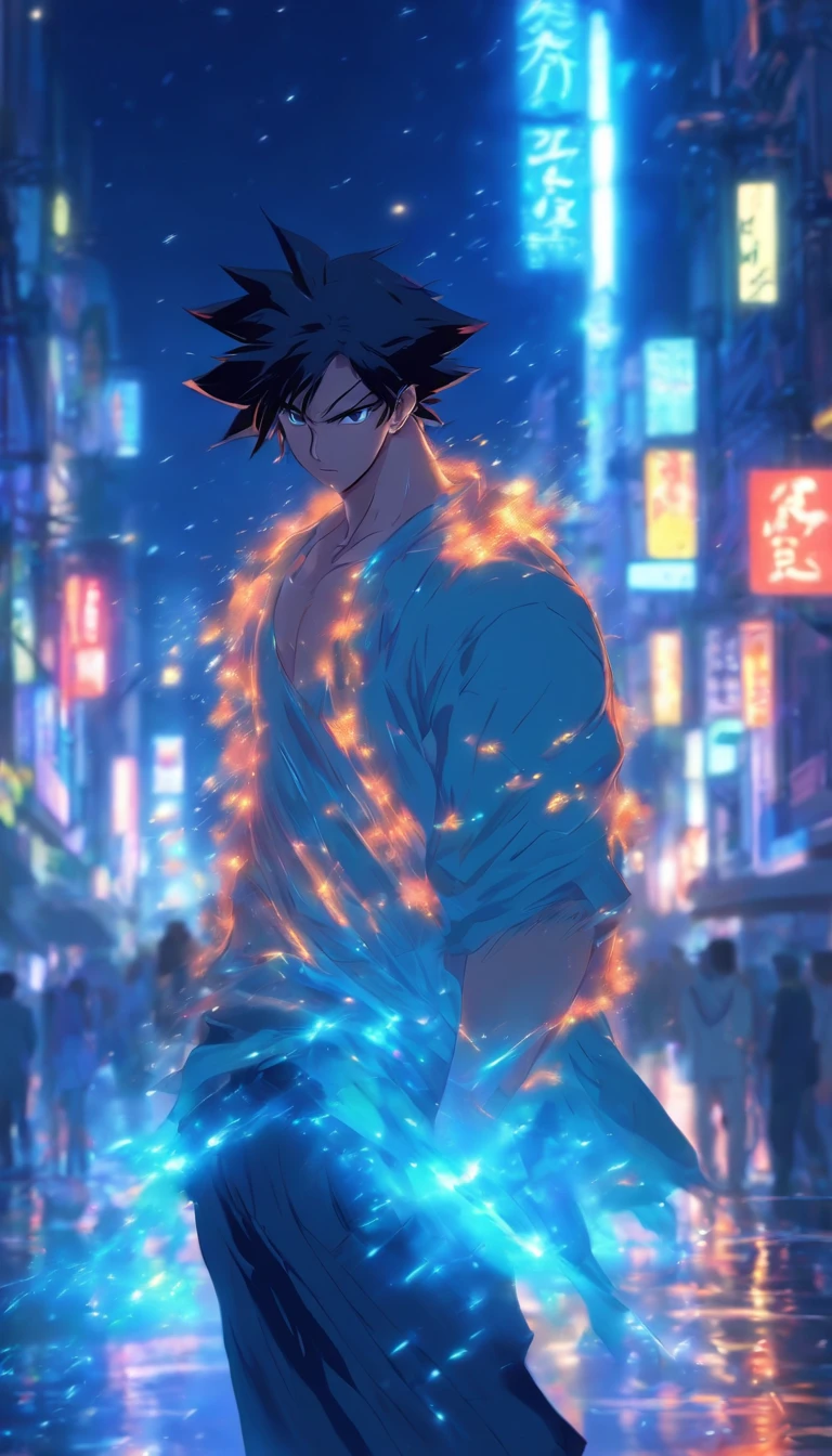 /imagine prompt: A sweaty and cautious man, looking around in a dark street with dim streetlights, the wind blowing his clothes, ,32k, best quality, masterpiece, super detail, high details, by Makoto Shinkai ,in the style of the stars art group xing xing, --niji 5"